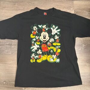Vintage Mickey Unlimited Disney Multi Print Graphic T-Shirt Black 90s Mens L